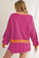 Rose Red Contrast Trim Loose Pullover and Lace-up Waist Shorts Set